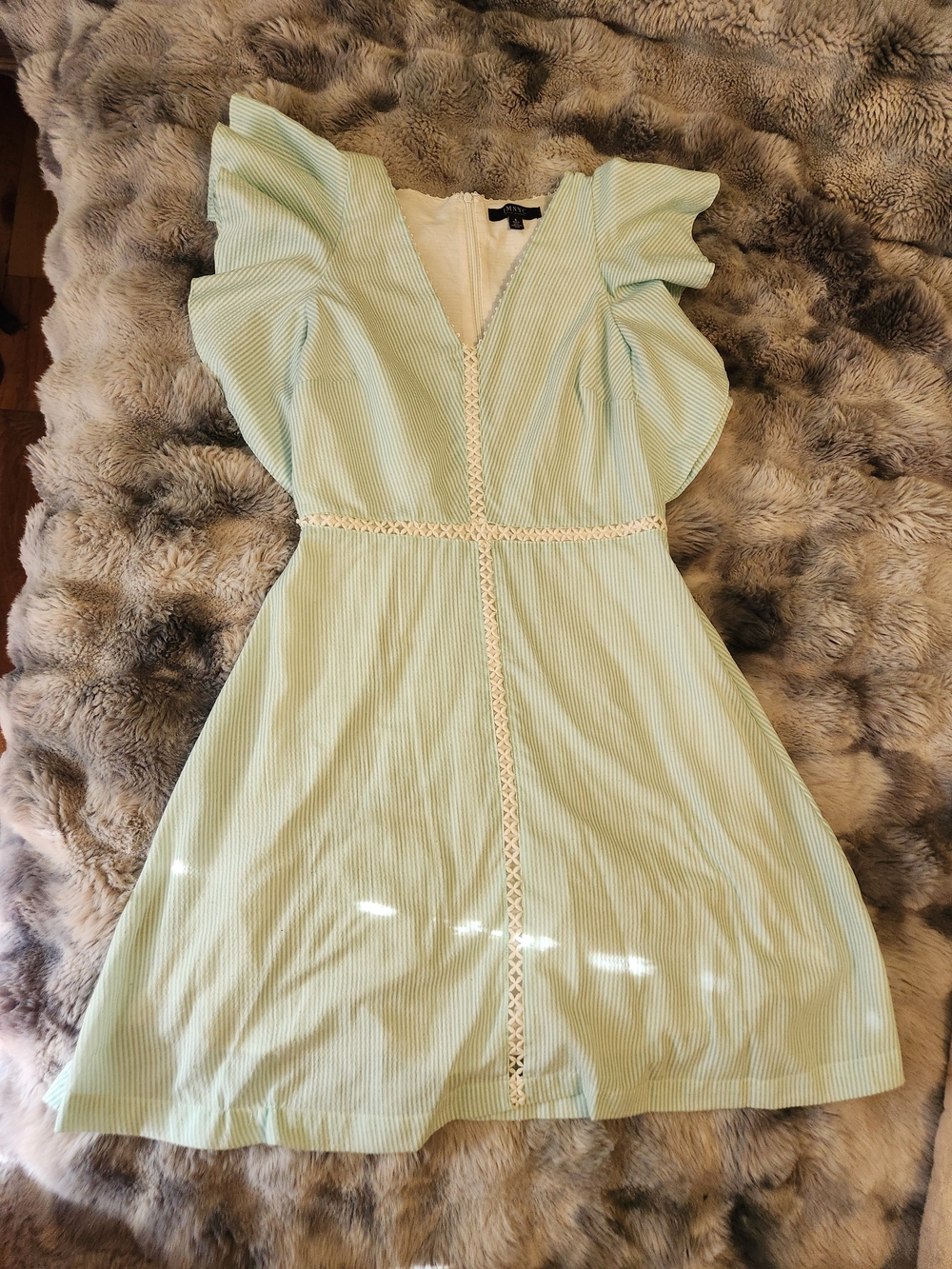 Isaac Mizrahi Mint Green Striped V-Neck Ruffle Sleeve Mini Dress